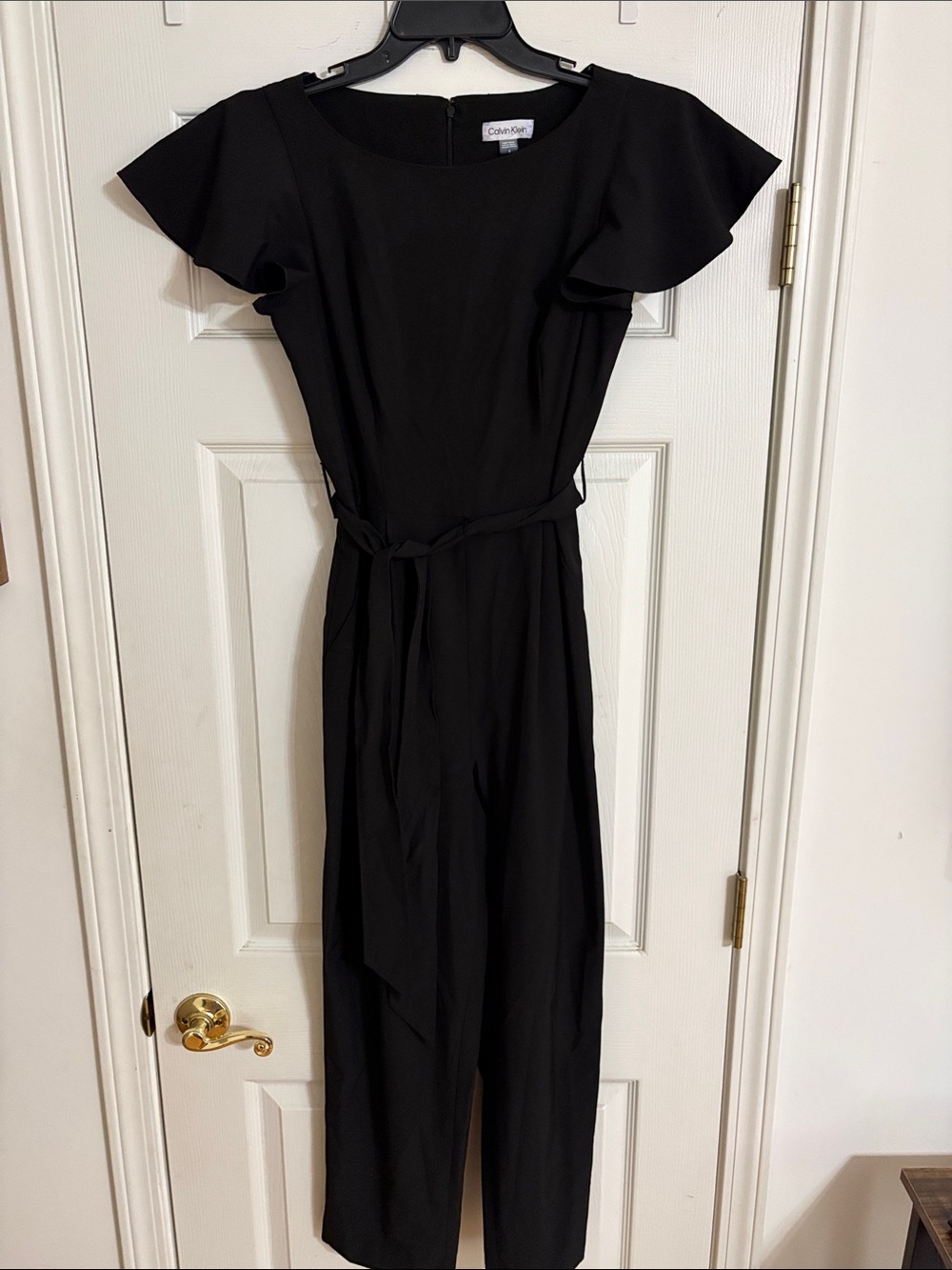 Calvin Klein Black Ruffle-Sleeve Belted Jumpsuit with pockets